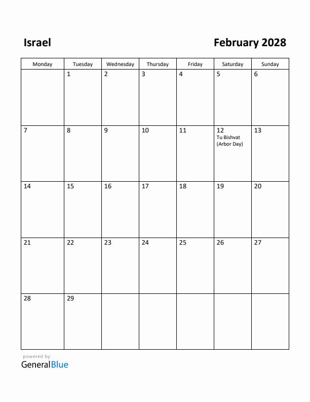 February 2028 Calendar with Israel Holidays
