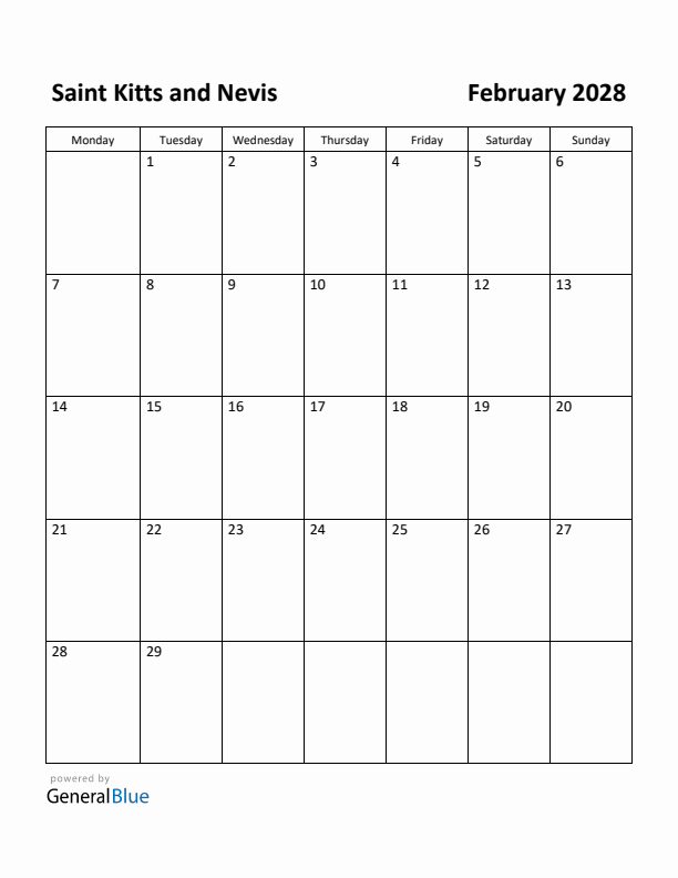 February 2028 Calendar with Saint Kitts and Nevis Holidays