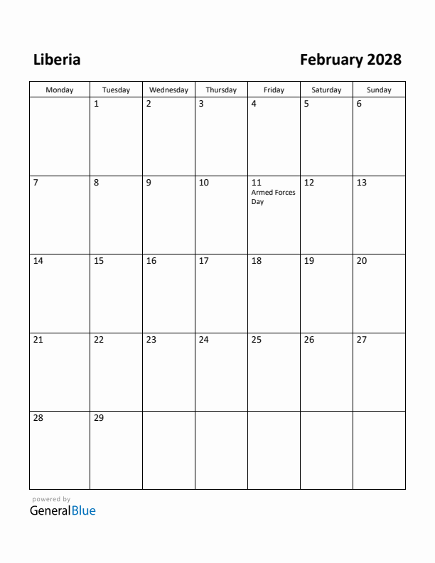 February 2028 Calendar with Liberia Holidays