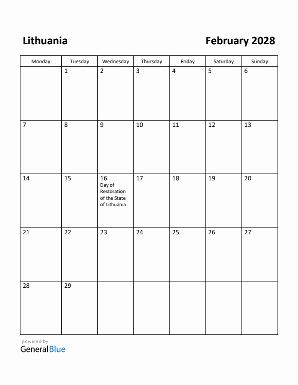 February 2028 Calendar with Lithuania Holidays
