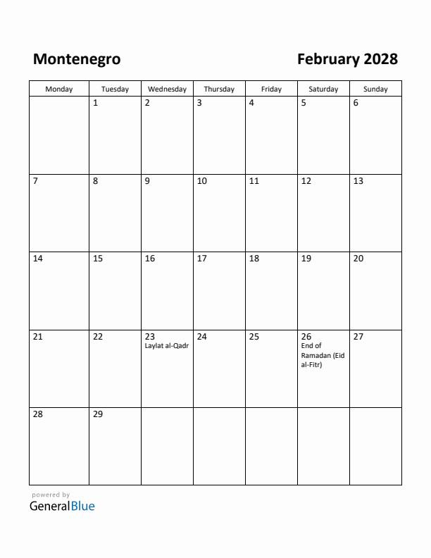 February 2028 Calendar with Montenegro Holidays