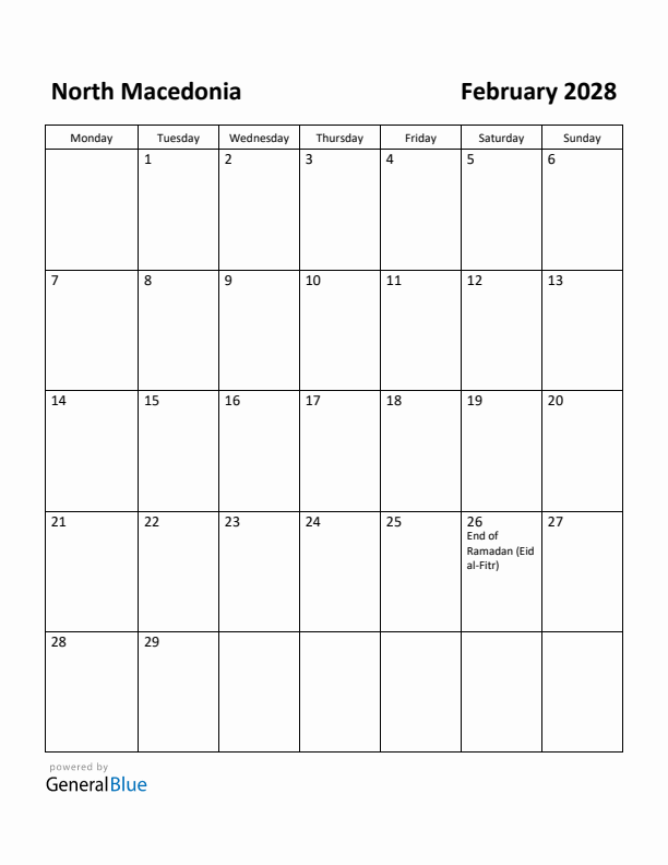 February 2028 Calendar with North Macedonia Holidays