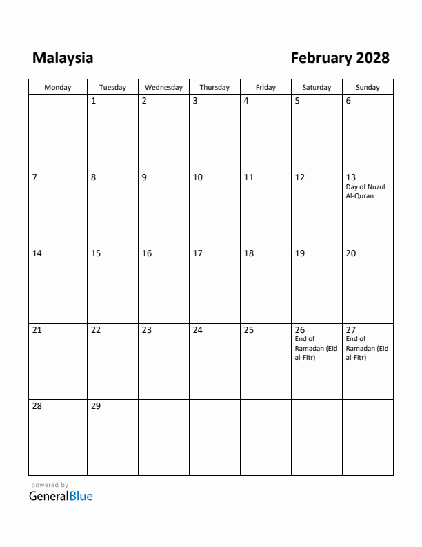 February 2028 Calendar with Malaysia Holidays
