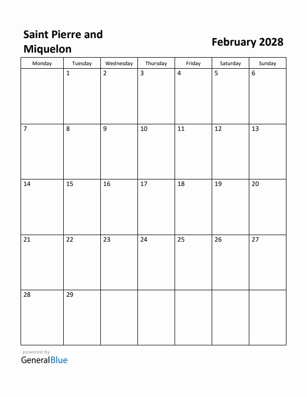February 2028 Calendar with Saint Pierre and Miquelon Holidays