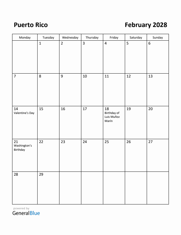 February 2028 Calendar with Puerto Rico Holidays