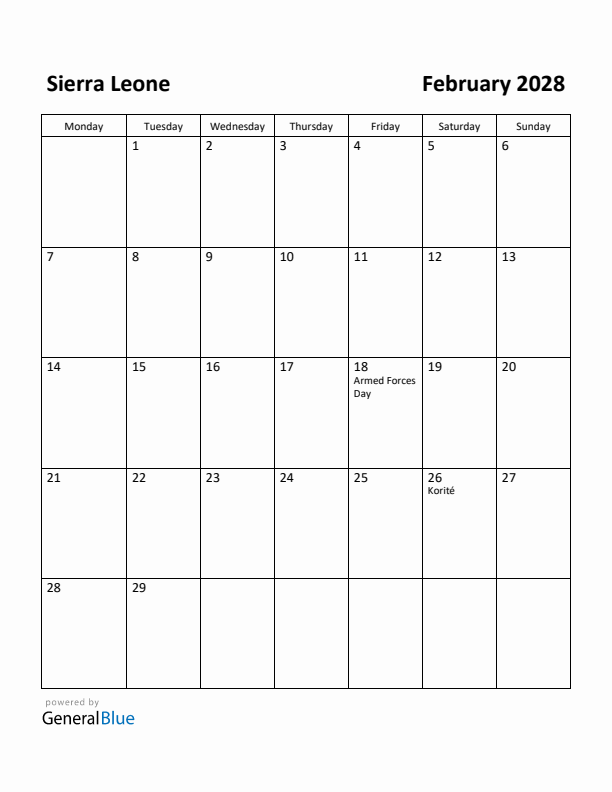 February 2028 Calendar with Sierra Leone Holidays