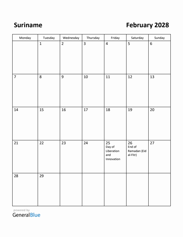 February 2028 Calendar with Suriname Holidays