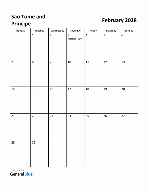 February 2028 Calendar with Sao Tome and Principe Holidays