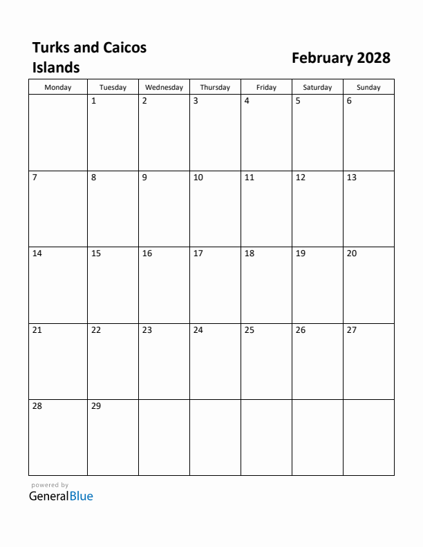 February 2028 Calendar with Turks and Caicos Islands Holidays