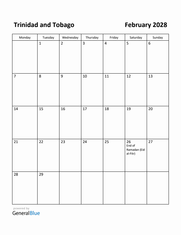 February 2028 Calendar with Trinidad and Tobago Holidays