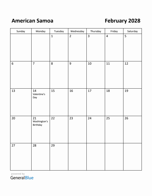 February 2028 Calendar with American Samoa Holidays
