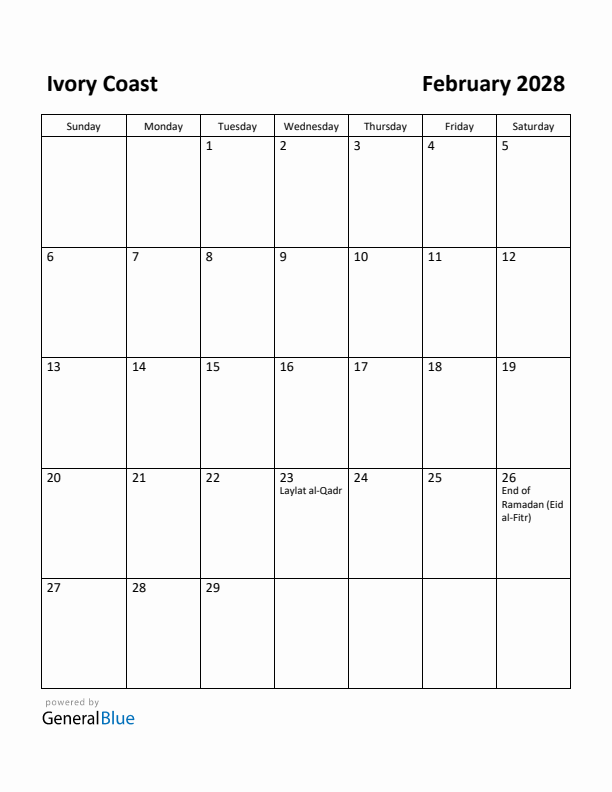 February 2028 Calendar with Ivory Coast Holidays