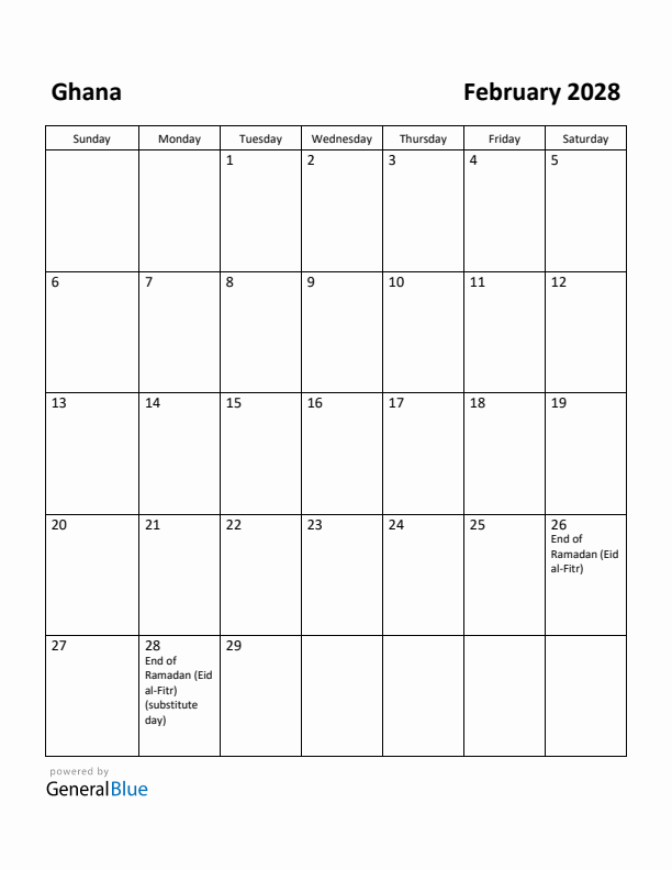 February 2028 Calendar with Ghana Holidays