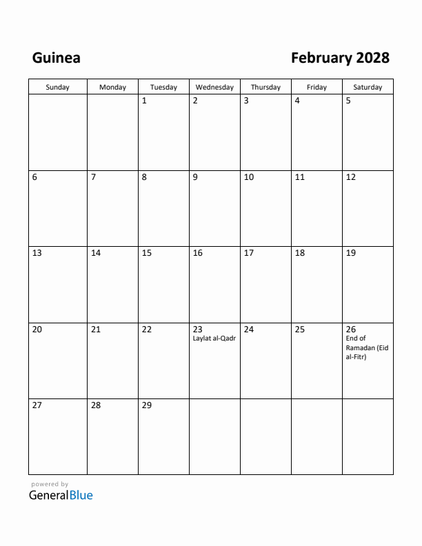 February 2028 Calendar with Guinea Holidays