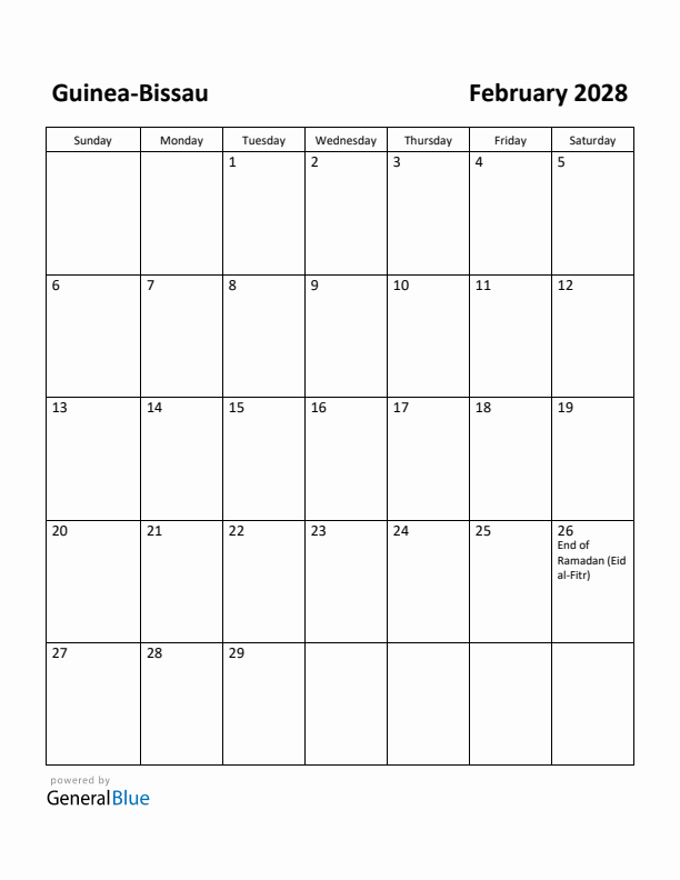 February 2028 Calendar with Guinea-Bissau Holidays