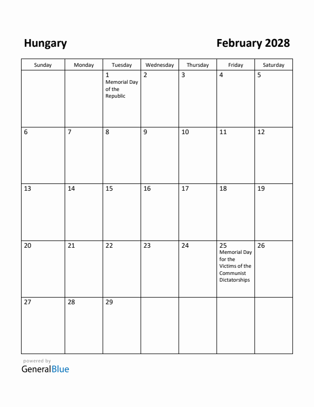 February 2028 Calendar with Hungary Holidays