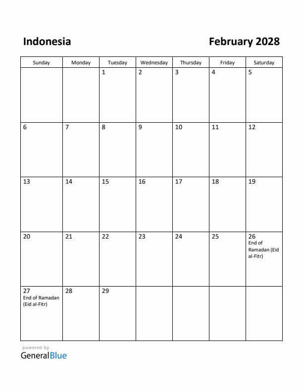 February 2028 Calendar with Indonesia Holidays
