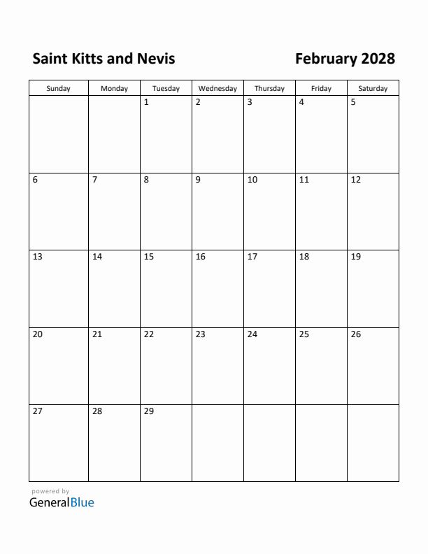 February 2028 Calendar with Saint Kitts and Nevis Holidays