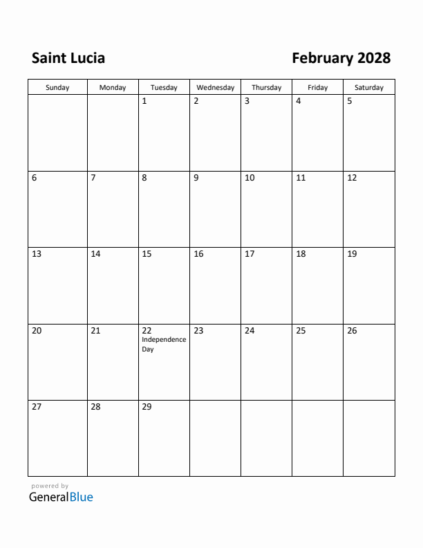 February 2028 Calendar with Saint Lucia Holidays