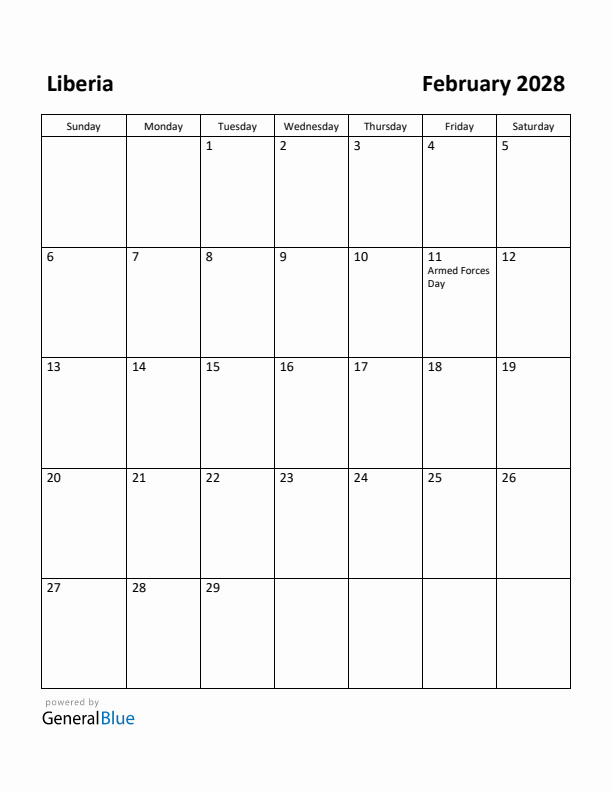 February 2028 Calendar with Liberia Holidays