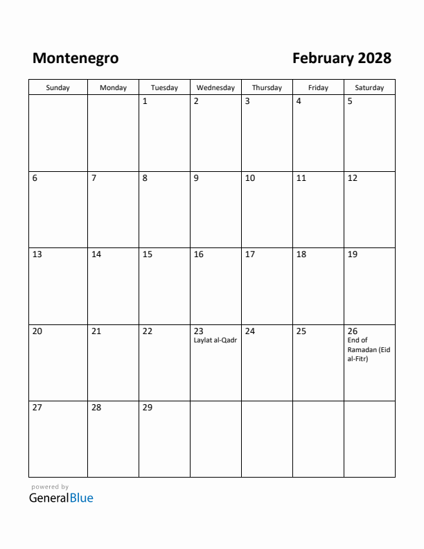 February 2028 Calendar with Montenegro Holidays