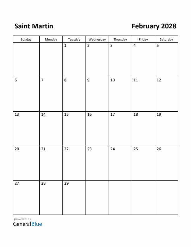 February 2028 Calendar with Saint Martin Holidays