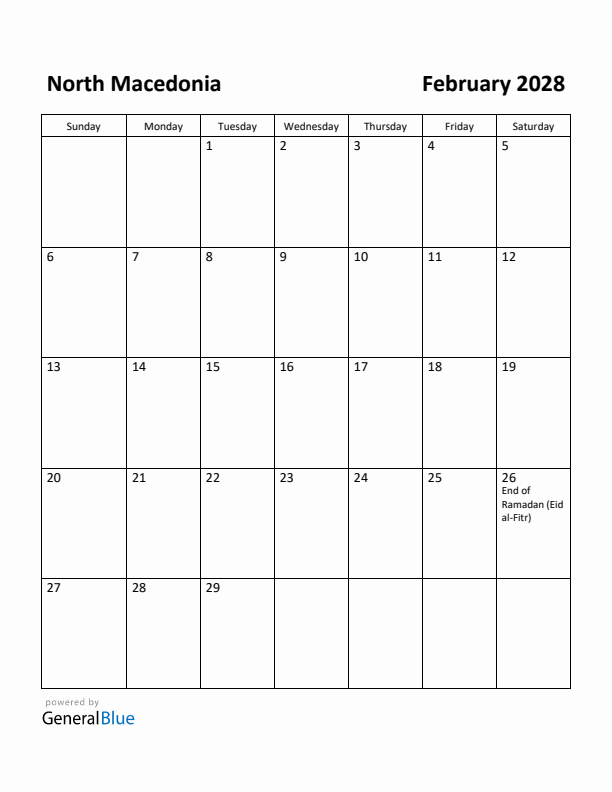 February 2028 Calendar with North Macedonia Holidays