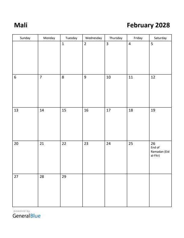 February 2028 Calendar with Mali Holidays