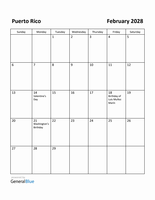 February 2028 Calendar with Puerto Rico Holidays