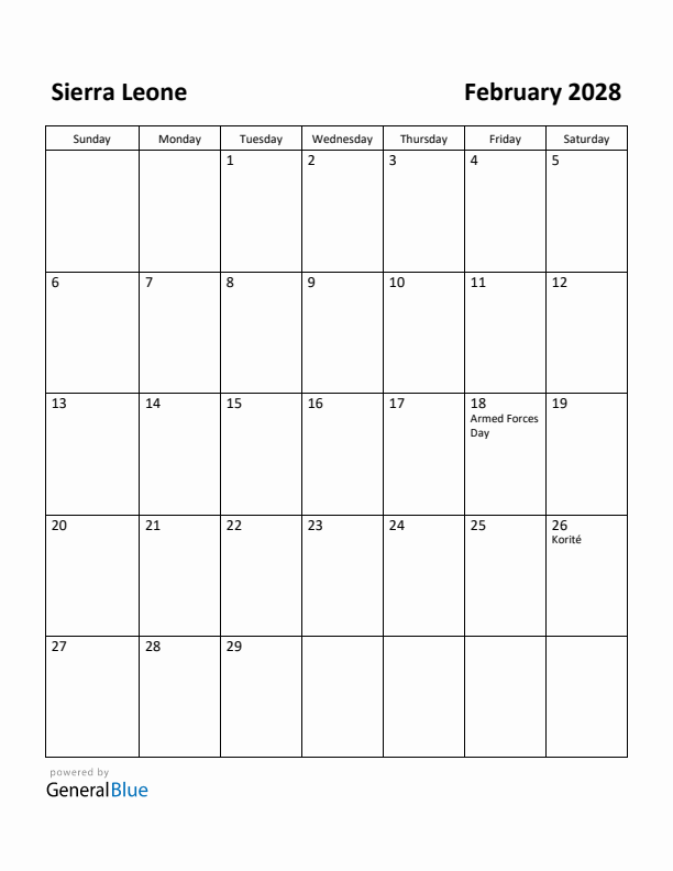 February 2028 Calendar with Sierra Leone Holidays