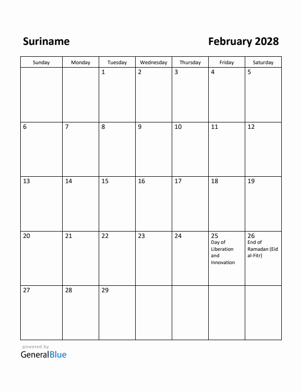 February 2028 Calendar with Suriname Holidays