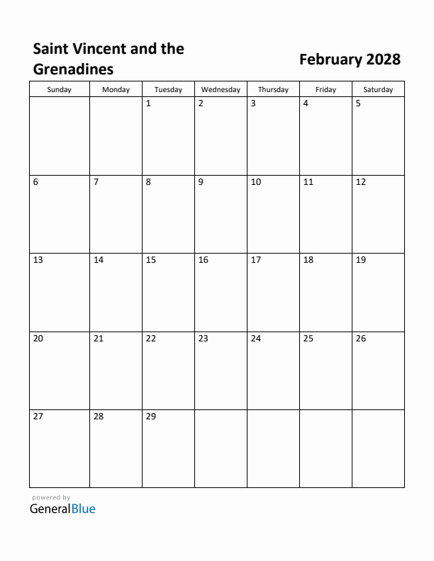 February 2028 Calendar with Saint Vincent and the Grenadines Holidays