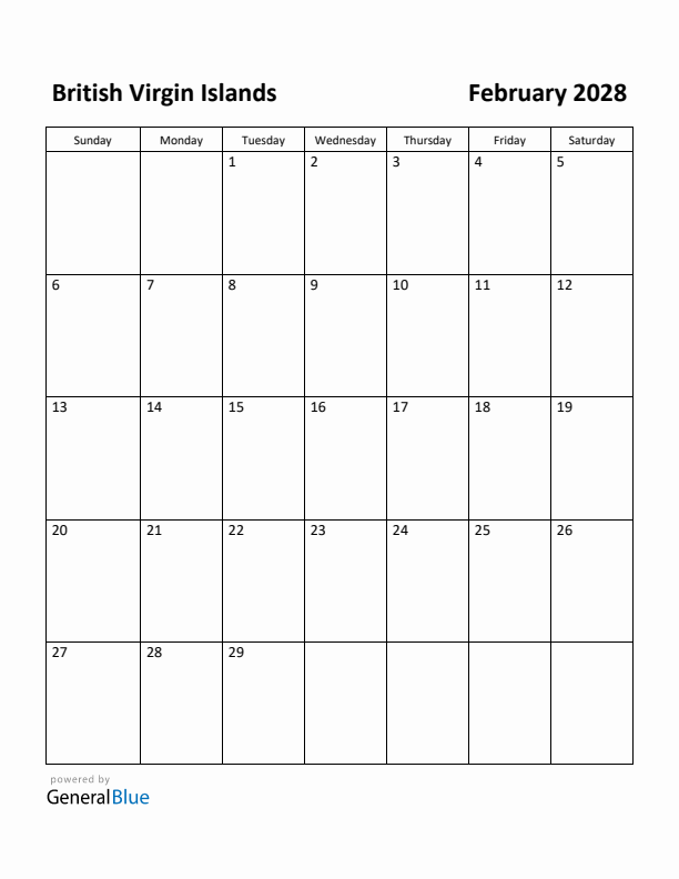 February 2028 Calendar with British Virgin Islands Holidays