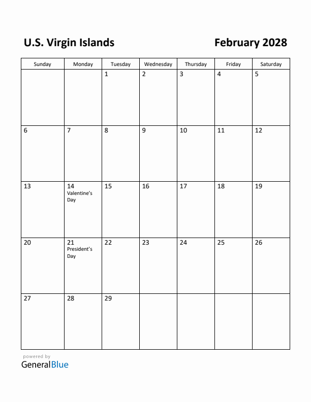 February 2028 Calendar with U.S. Virgin Islands Holidays