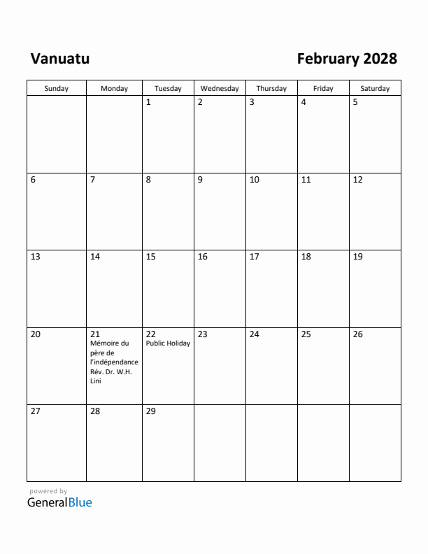 February 2028 Calendar with Vanuatu Holidays