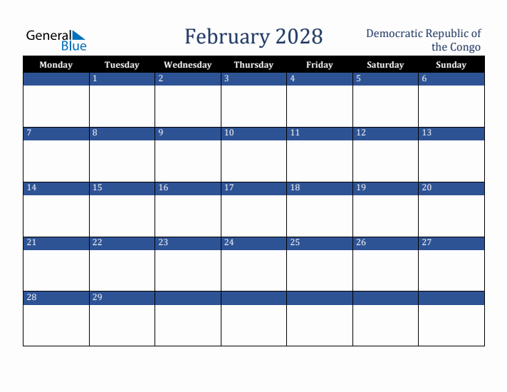February 2028 Democratic Republic of the Congo Calendar (Monday Start)