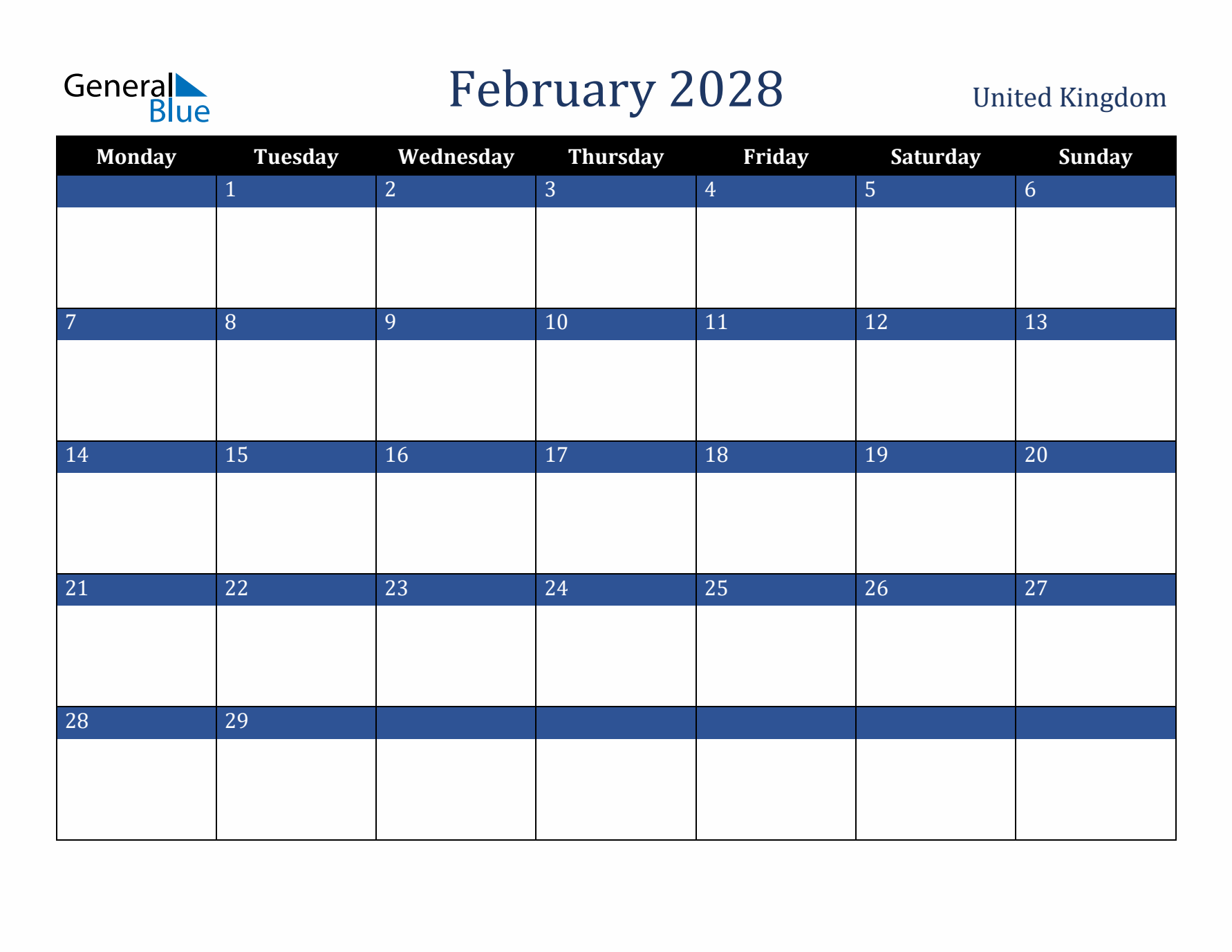February 2028 United Kingdom Calendar (Monday Start)