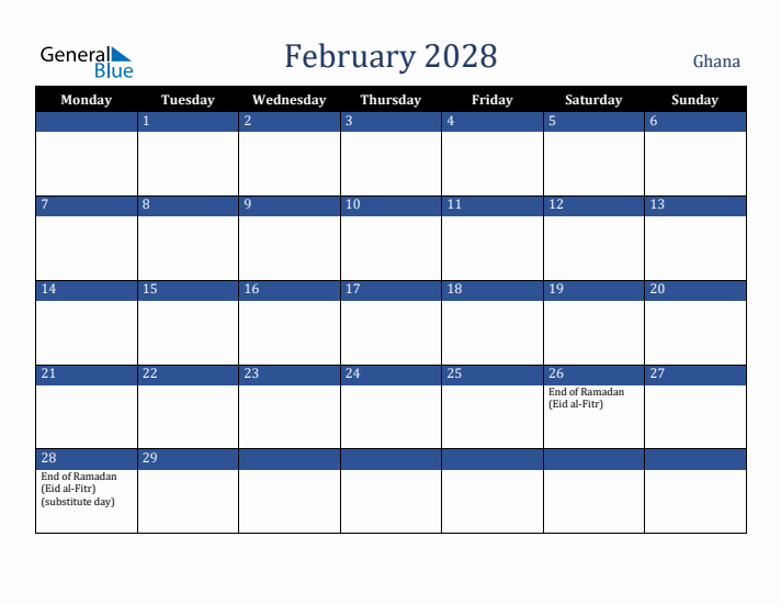 February 2028 Ghana Calendar (Monday Start)