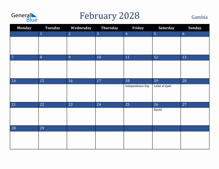 February 2028 Gambia Calendar (Monday Start)