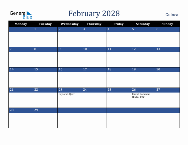 February 2028 Guinea Calendar (Monday Start)