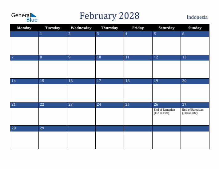 February 2028 Indonesia Calendar (Monday Start)