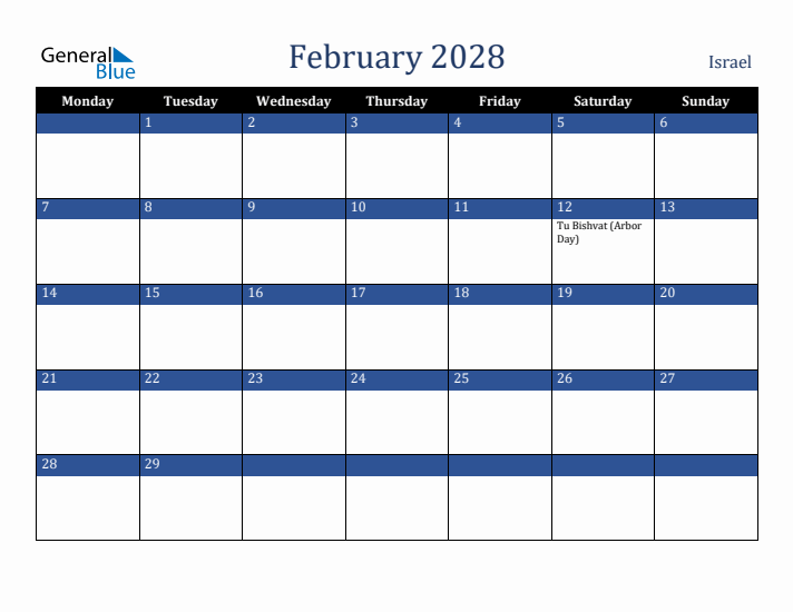 February 2028 Israel Calendar (Monday Start)