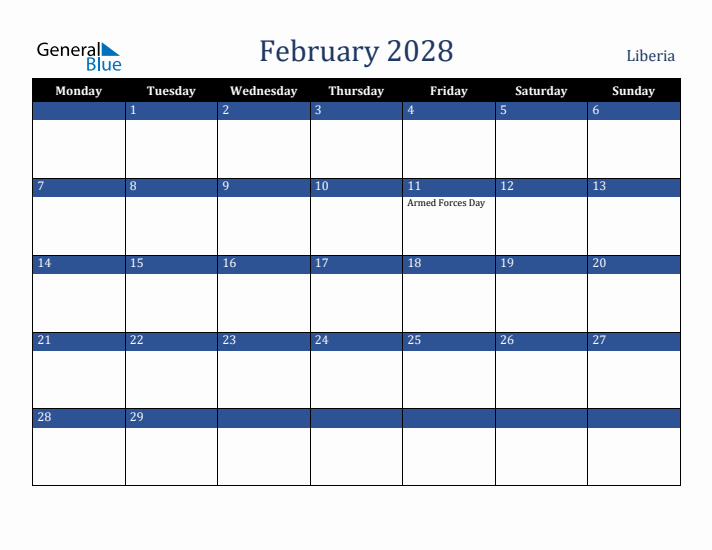 February 2028 Liberia Calendar (Monday Start)