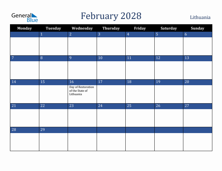 February 2028 Lithuania Calendar (Monday Start)