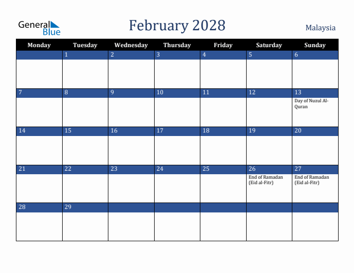 February 2028 Malaysia Calendar (Monday Start)