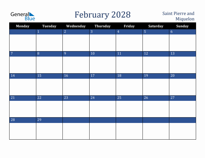February 2028 Saint Pierre and Miquelon Calendar (Monday Start)