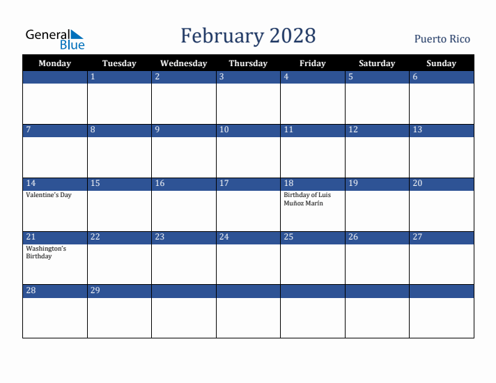 February 2028 Puerto Rico Calendar (Monday Start)