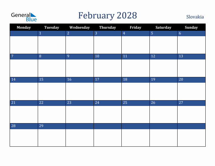 February 2028 Slovakia Calendar (Monday Start)