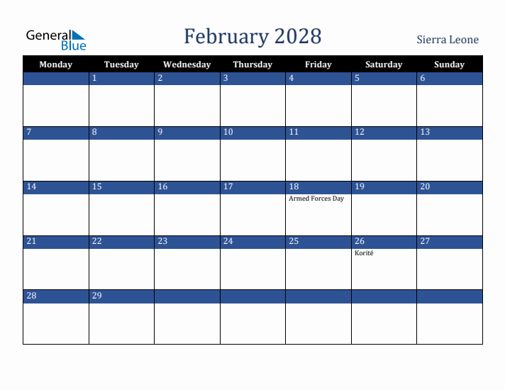 February 2028 Sierra Leone Calendar (Monday Start)