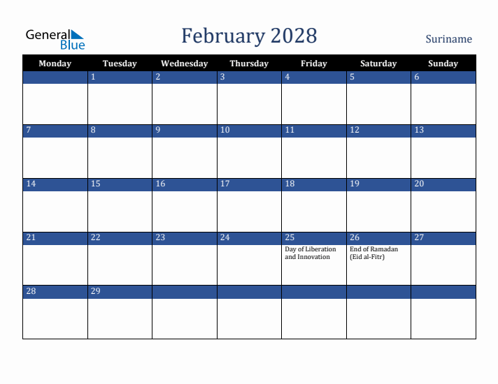 February 2028 Suriname Calendar (Monday Start)